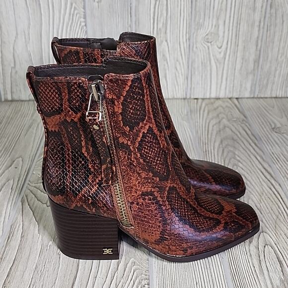 Sam Edelman Carlyssle Brown Snake Faux Leather Ankle Boots Womens Size 5 NEW - Picture 2 of 13